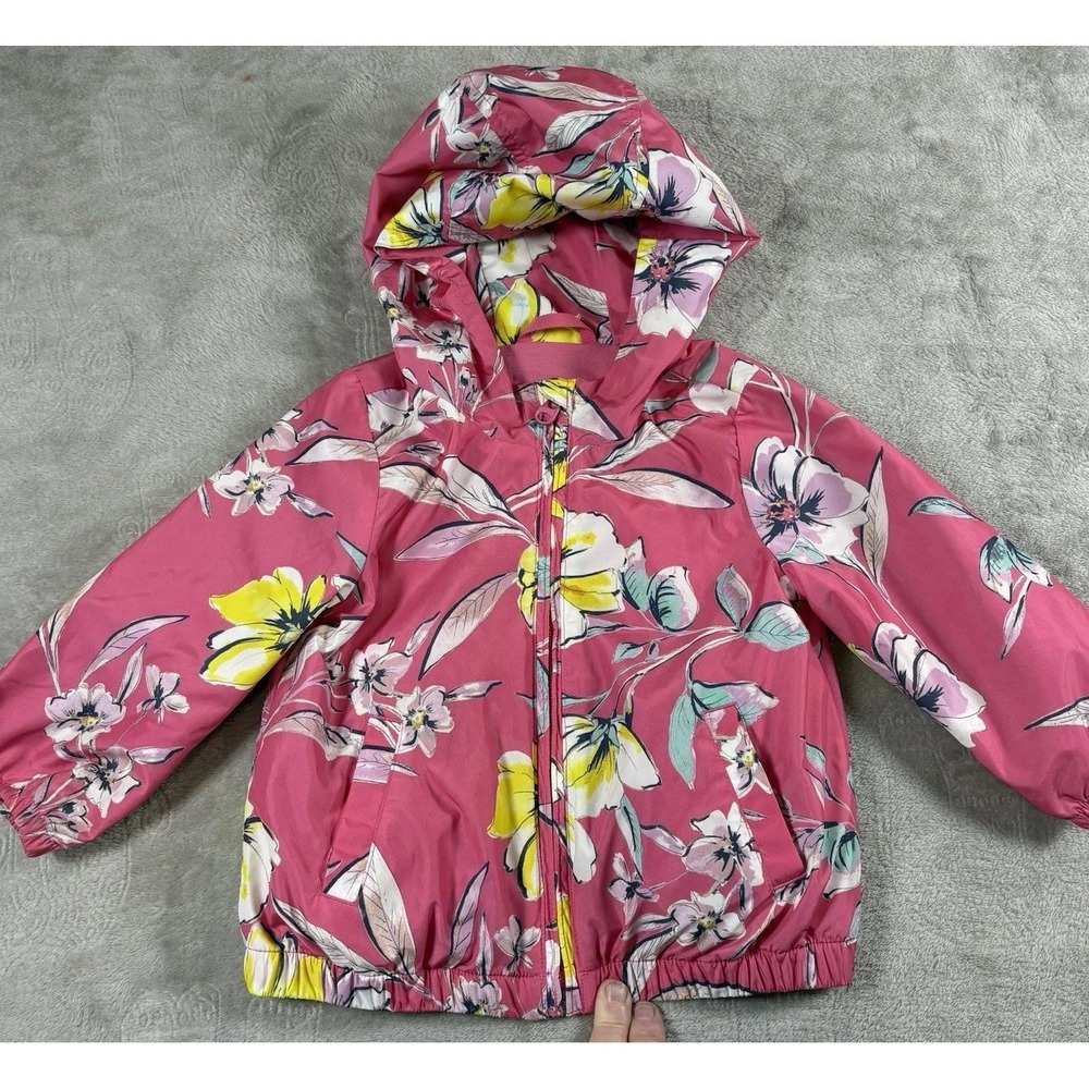 GAP Pink Floral Hooded Raincoat with Yellow & White Accents